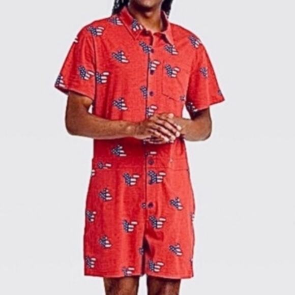 Disney Mickey Mouse‎ Americana Pajama Romper Red  Button Front Hip Pockets Small - Picture 1 of 11